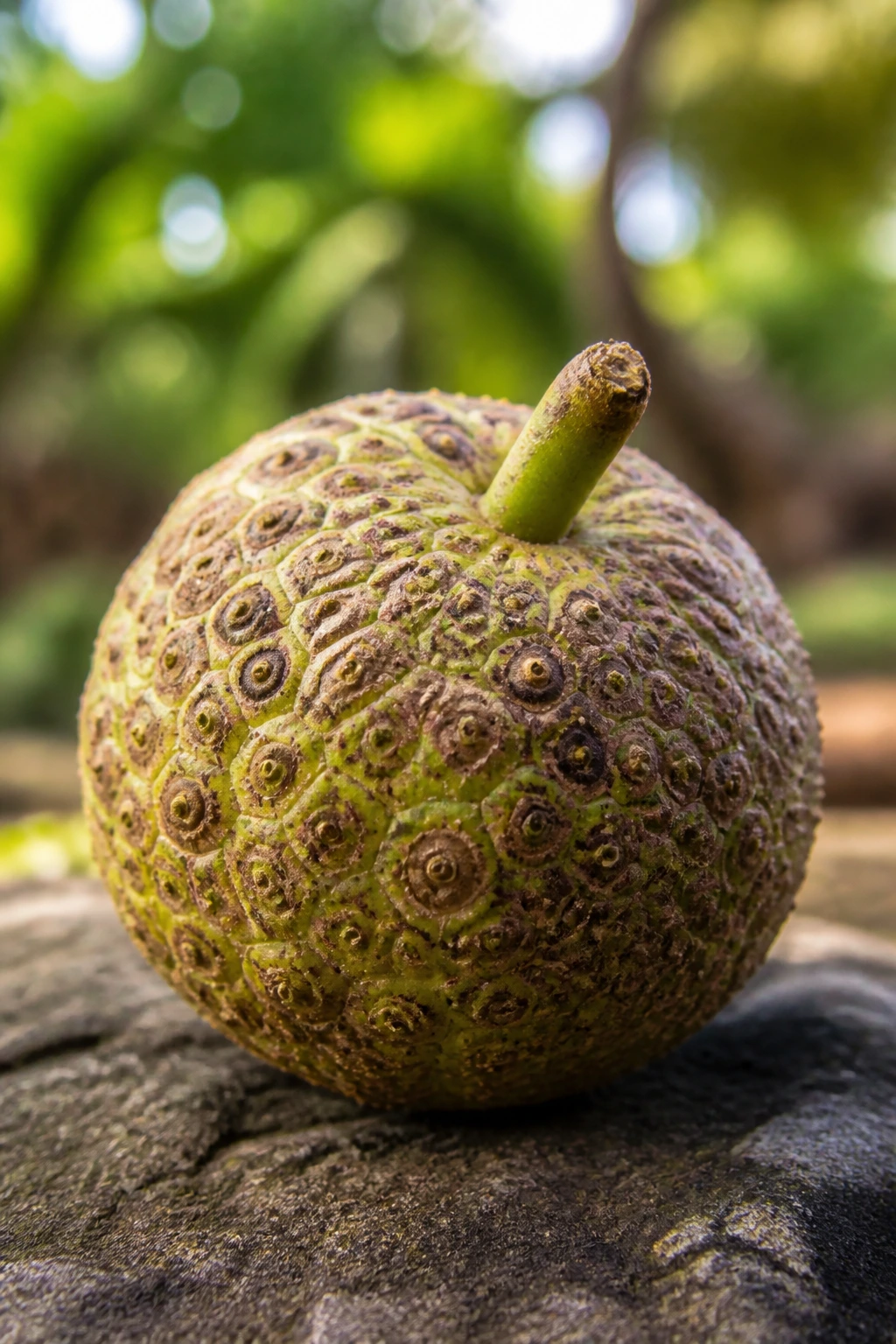 Close-up of a ripe sycamore fruit in sunlight showing textured skin