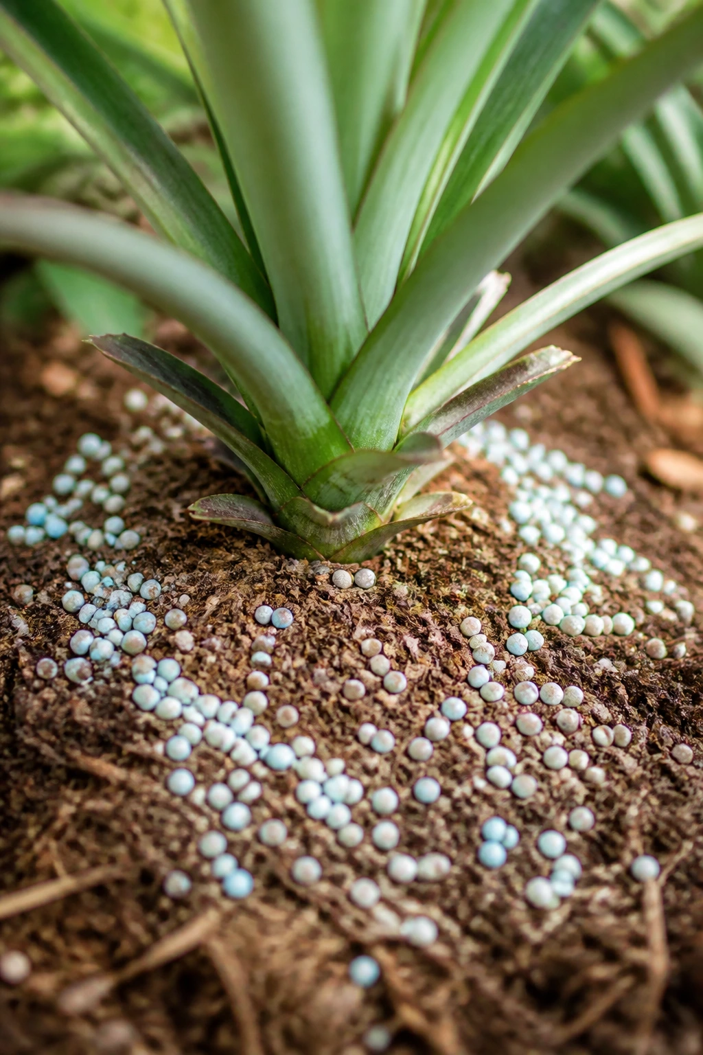 Pineapple plant with synthetic fertilizer granules at its base