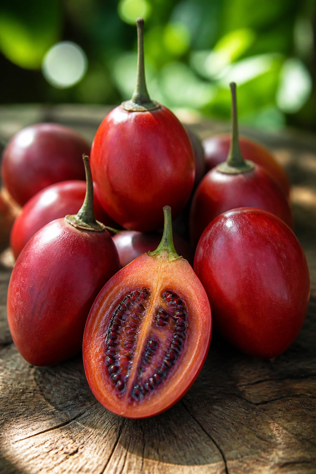 Close-up of tamarillos, some whole and one cut open to show bright flesh on a wooden surface