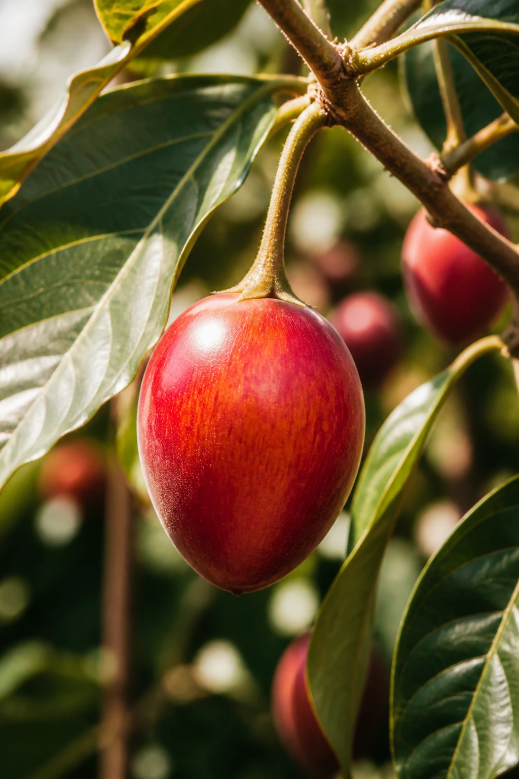 Tamarillo on branch with leaves in garden