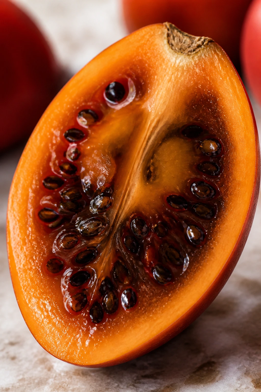 Cross-section of tamarillo showing flesh and seeds