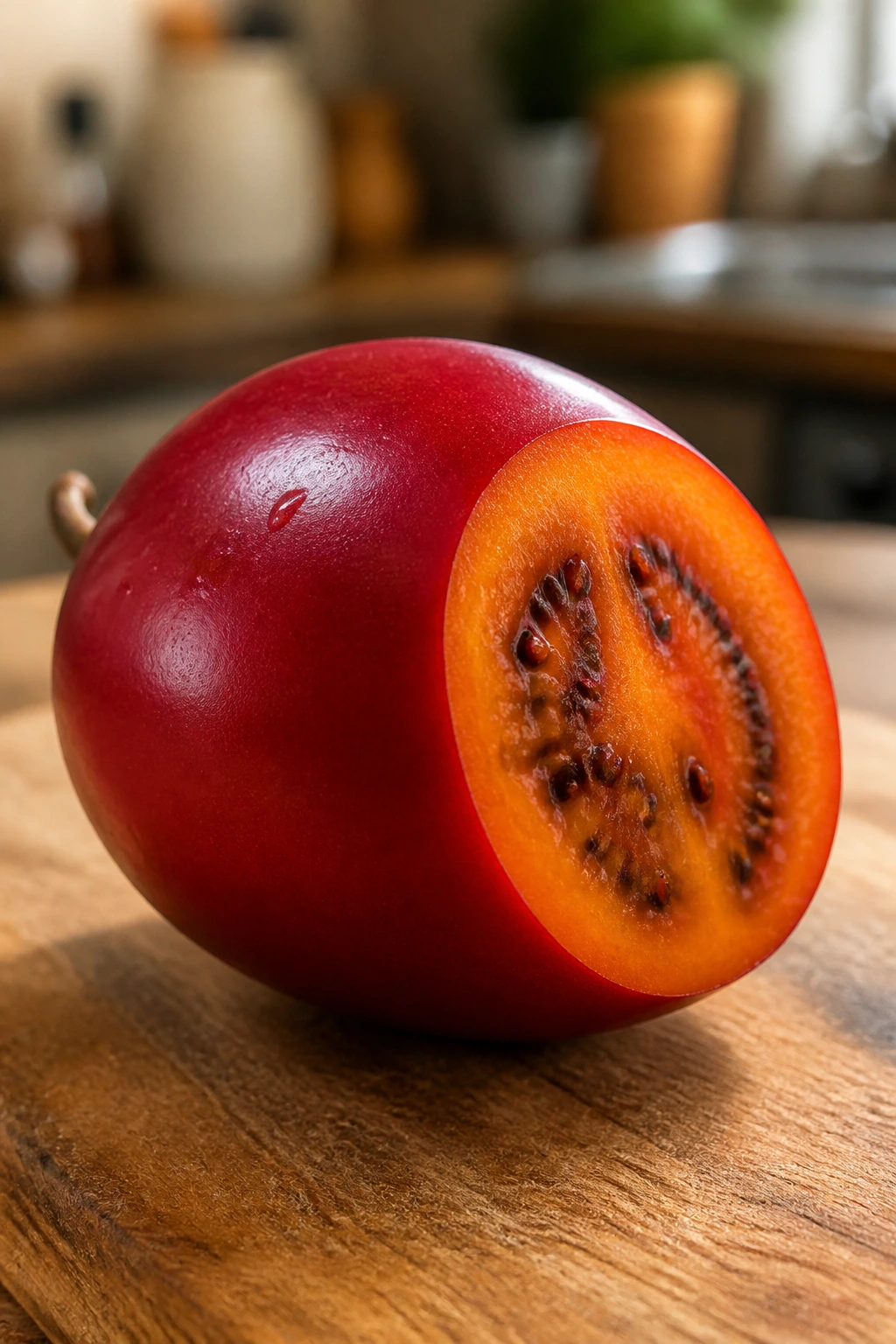 Close-up of a ripe tamarillo with red skin and orange flesh on a wooden cutting board