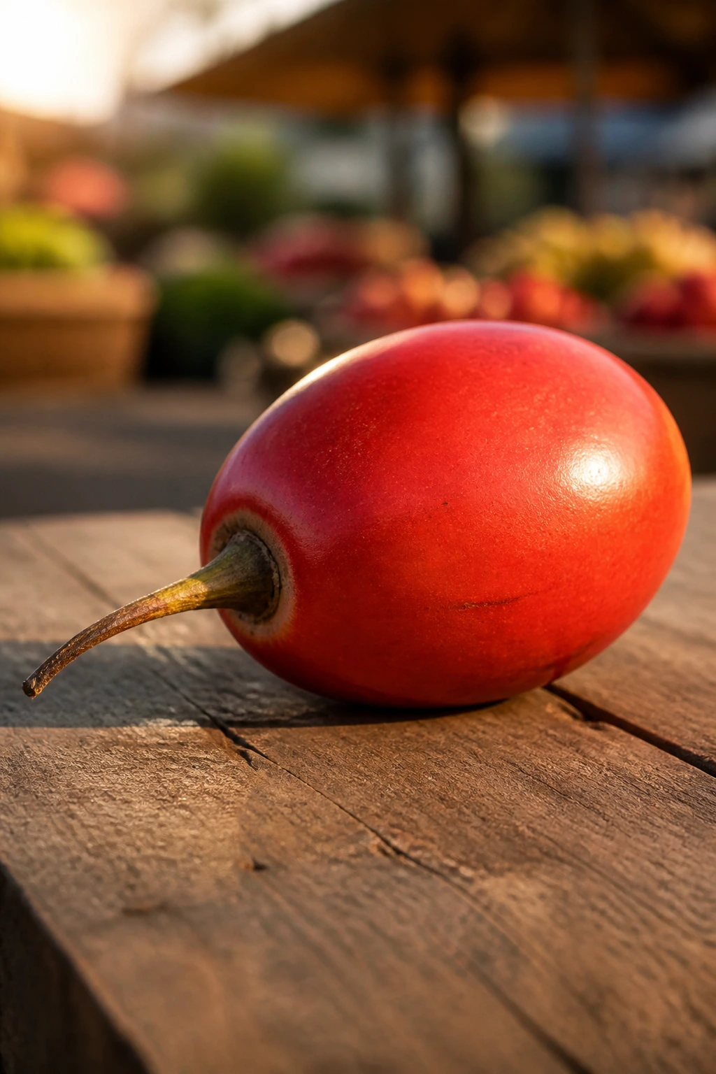 Ripe tamarillo on market table in golden hour light