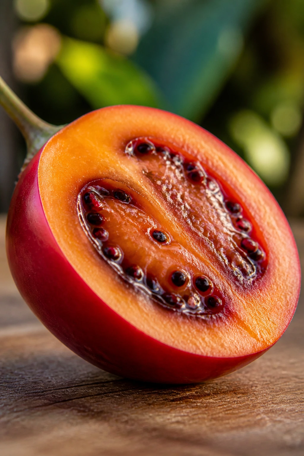 Close-up of tamarillo half showing orange flesh and seeds