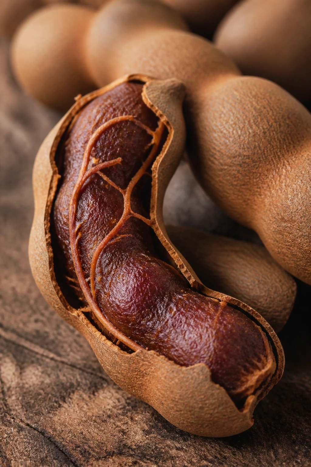 Opened tamarind pod with sticky pulp on wood