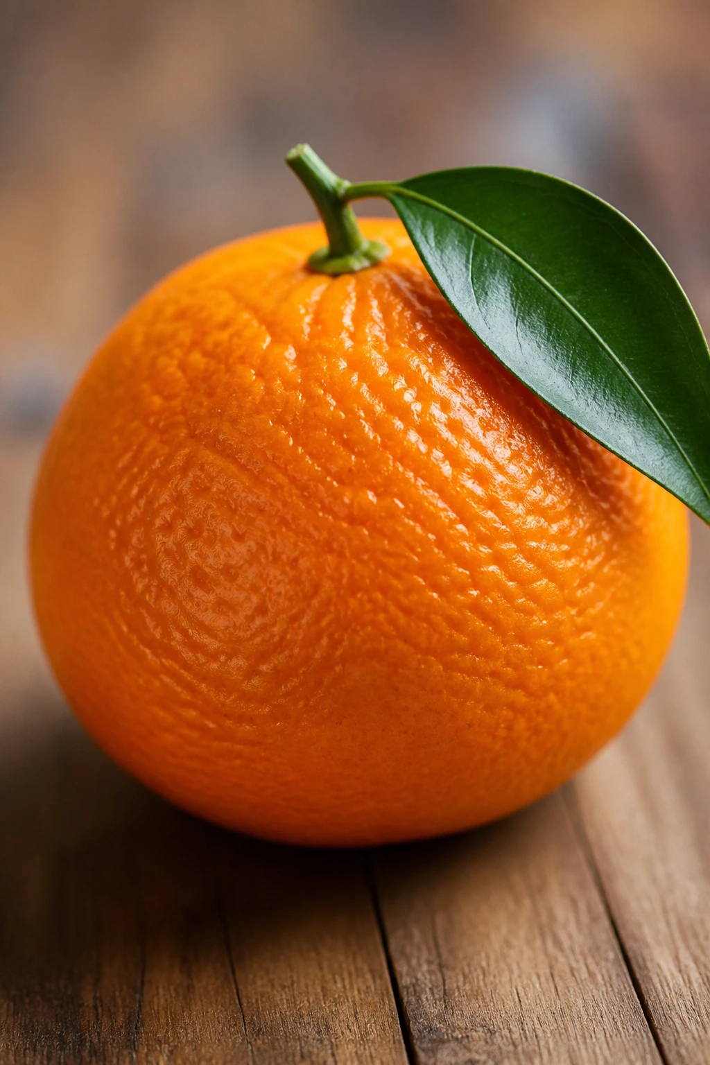 Tangerine with leaf on wooden surface