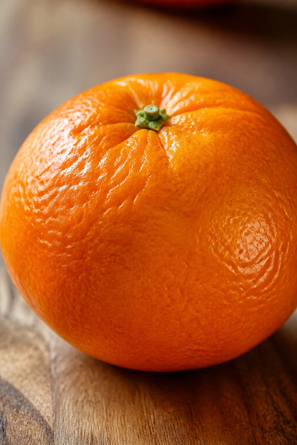Close-up of a single bright orange tangerine on a wooden table