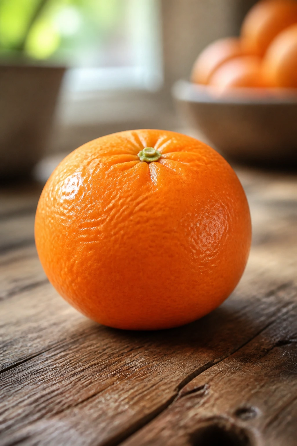 Close-up of a ripe tangerine on a wooden counter showing bright orange skin.