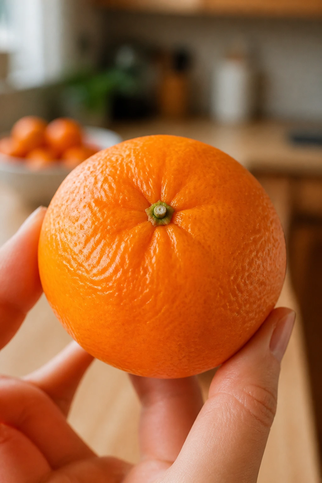 Hand holding a ripe tangerine in a warm kitchen