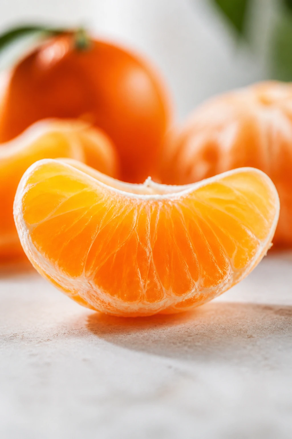 Peel and segment of a tangerine ready to eat on a kitchen counter.