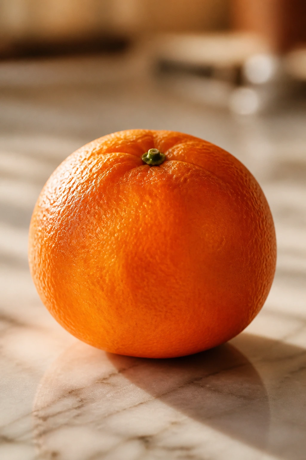 Tangerine on kitchen counter in warm light