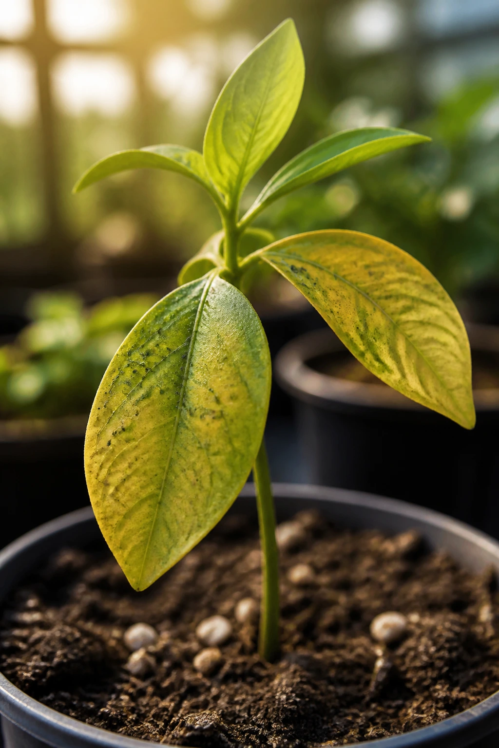 How To Grow A Tangerine Seed: Step-By-Step Guide 5 Close-up of a tangerine seedling in a pot with leaf stress and small pests in a greenhouse