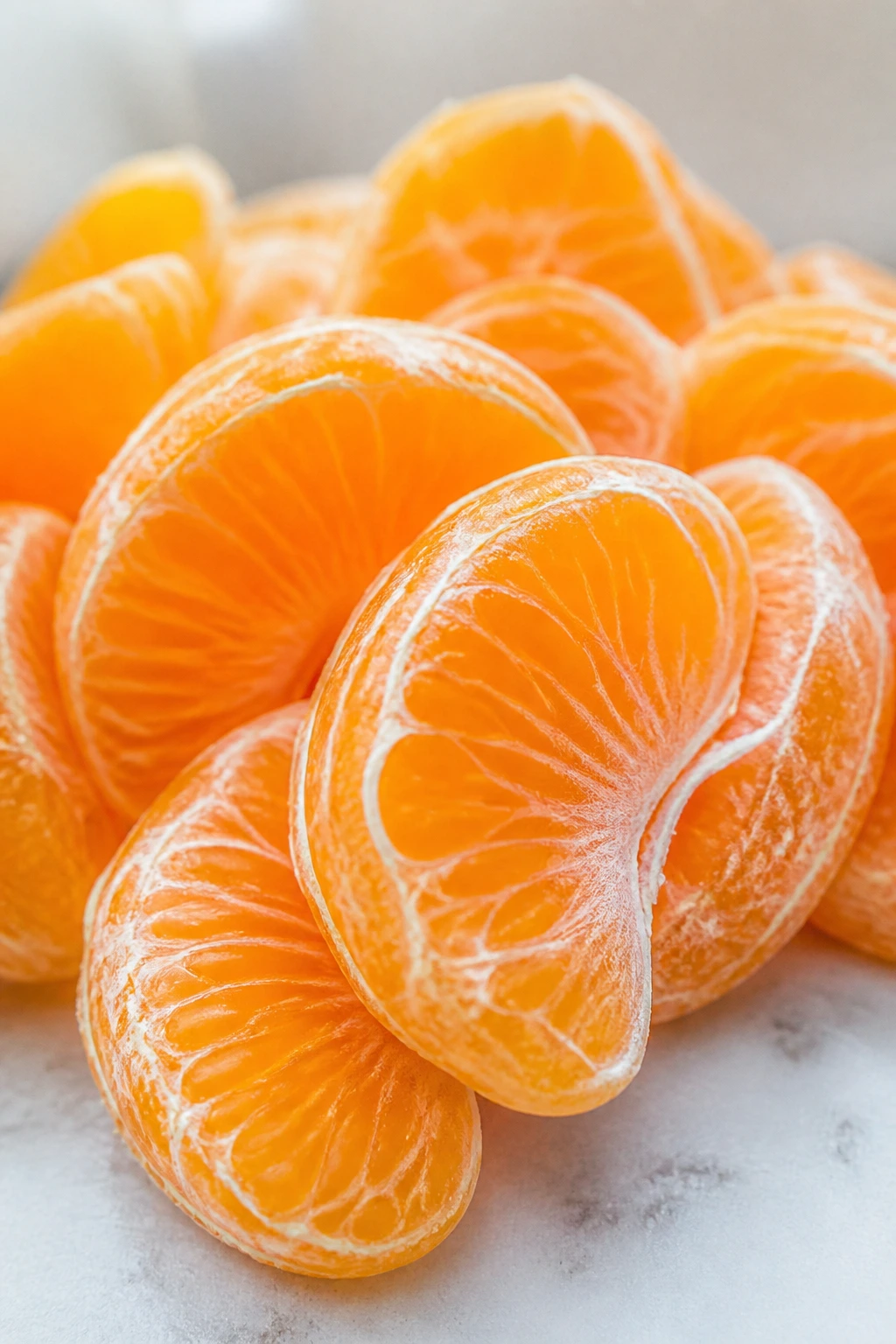 Peel and segments of a peeled tangerine on a light counter