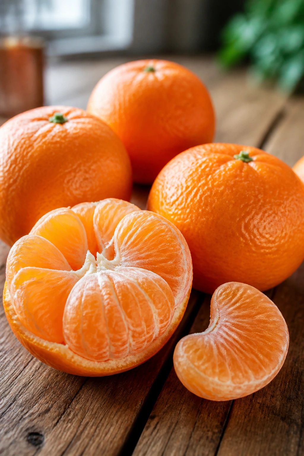 Close-up of bright tangerines on a wooden surface highlighting fruit as weight-loss snack