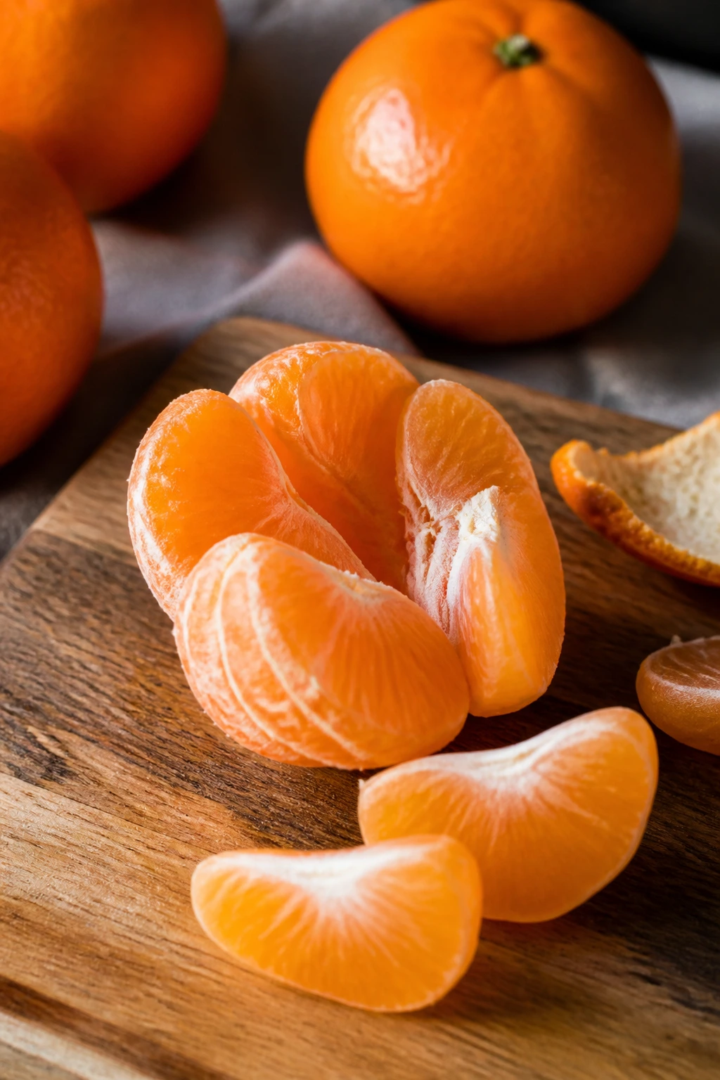 Tangerine segments on cutting board illustrating gentle impact on blood sugar.