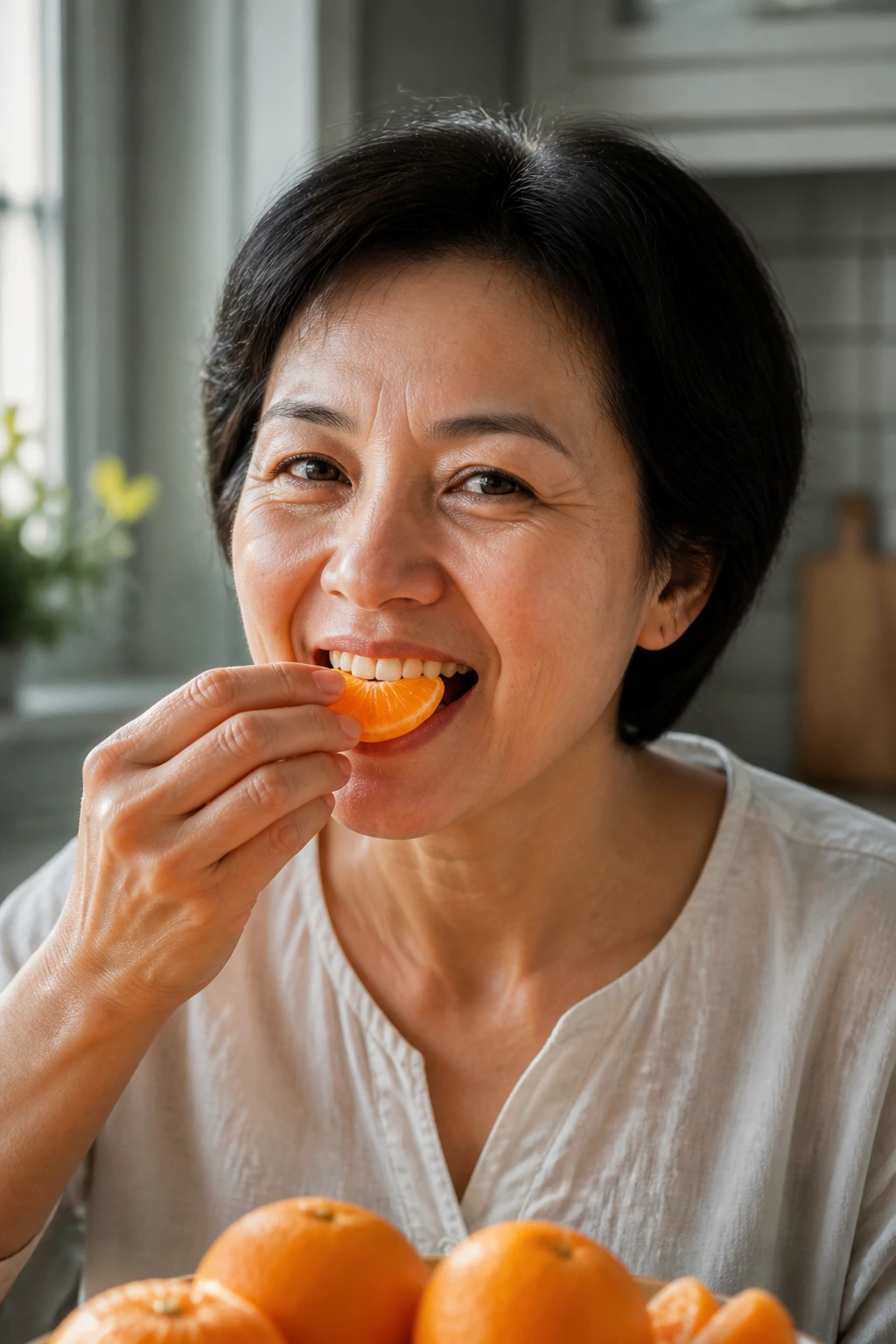 Portrait of a real person enjoying a tangerine slice in a kitchen.