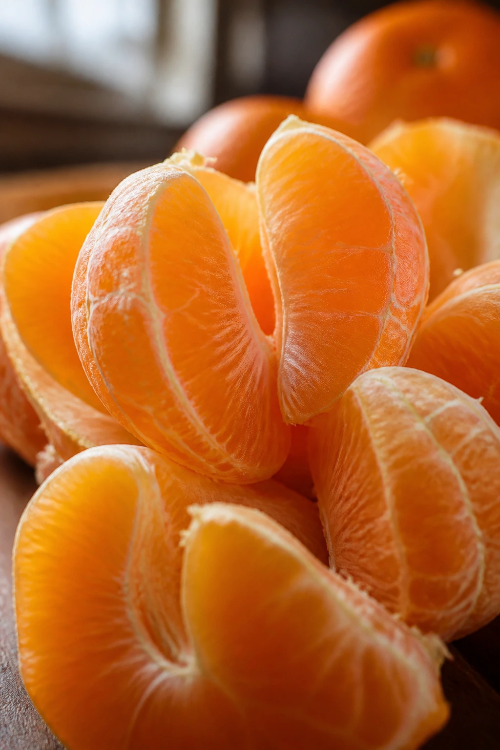 Pealed tangerine segments close-up in natural kitchen light