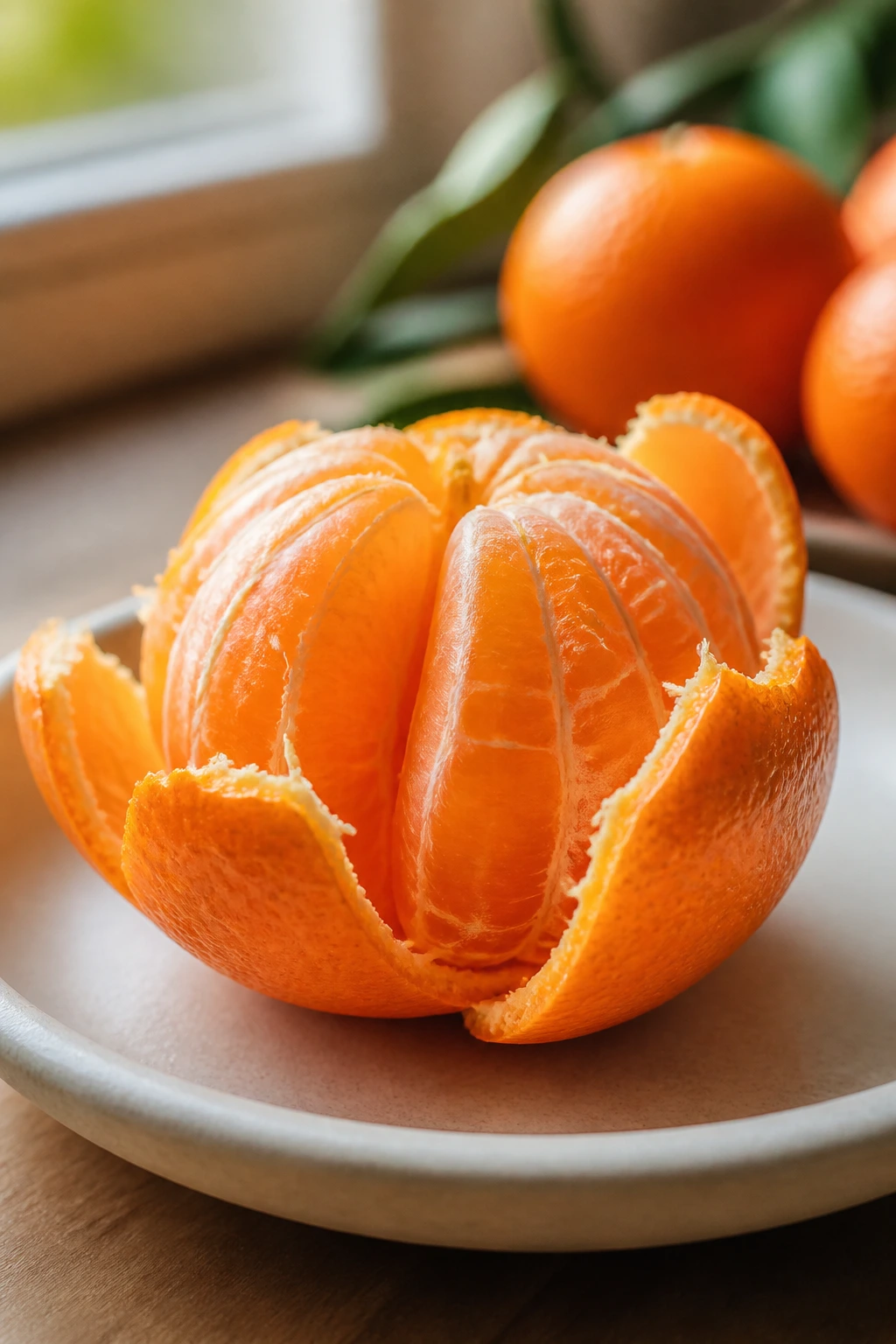 Half peeled tangerine showing juicy segments on a plate.