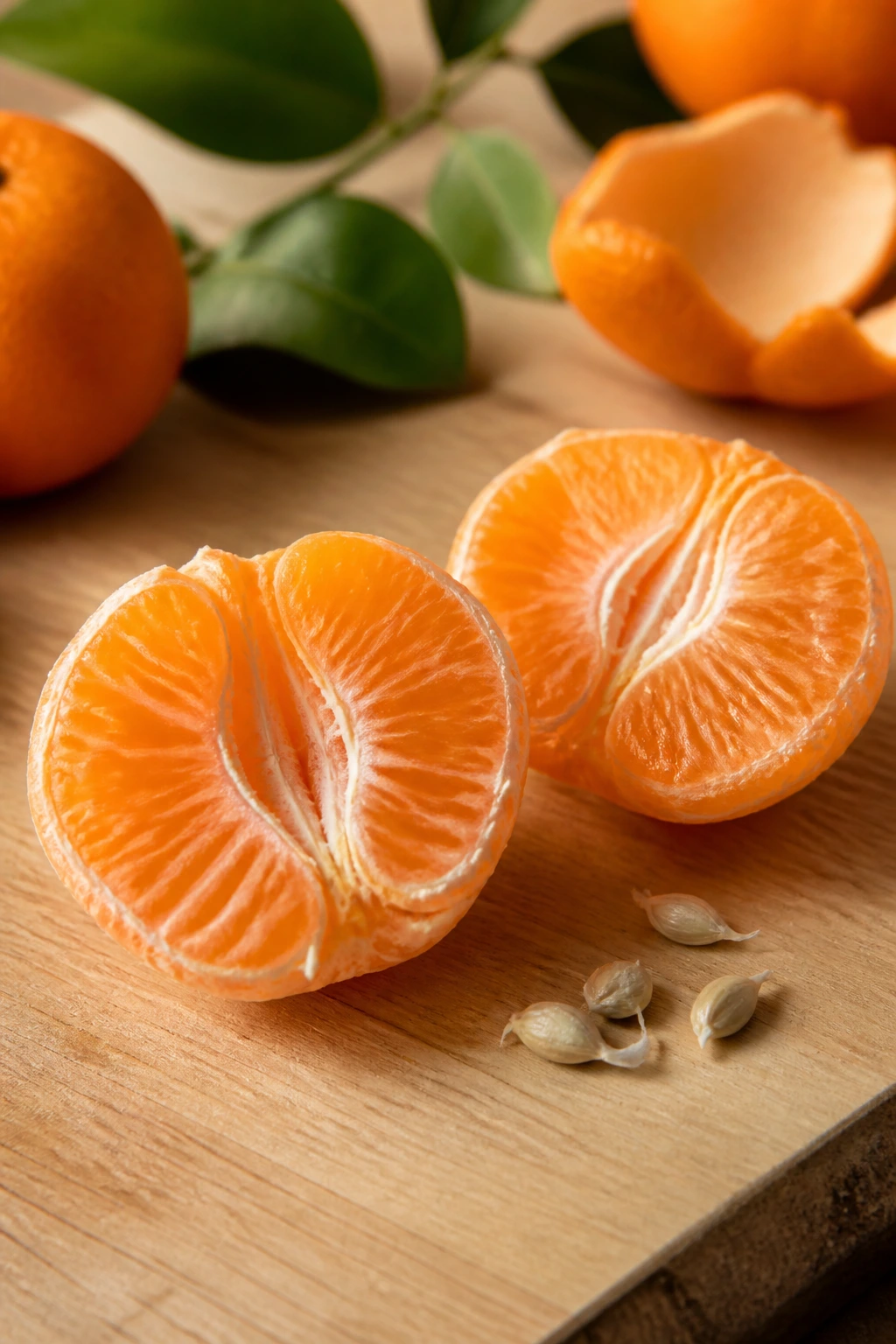 Are Tangerines Good For Dogs? Yes And See Exactly Why 2 Peeled tangerine half showing segments on a wooden surface with warm kitchen light