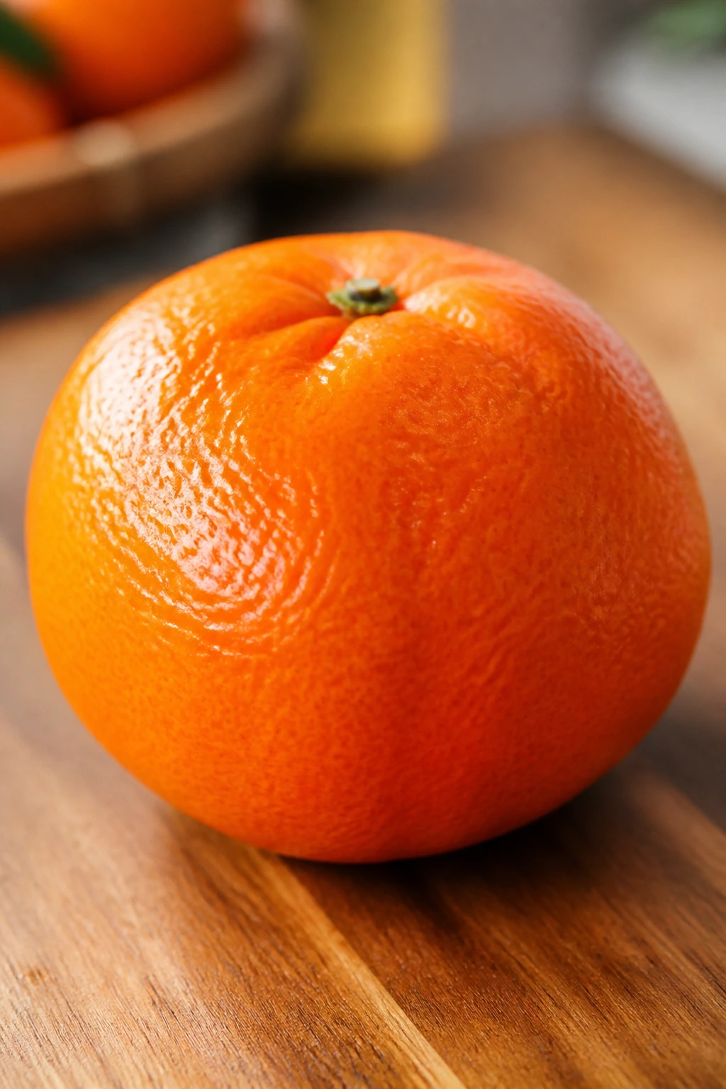 Close-up of a ripe tangerine on a wooden kitchen counter in natural light