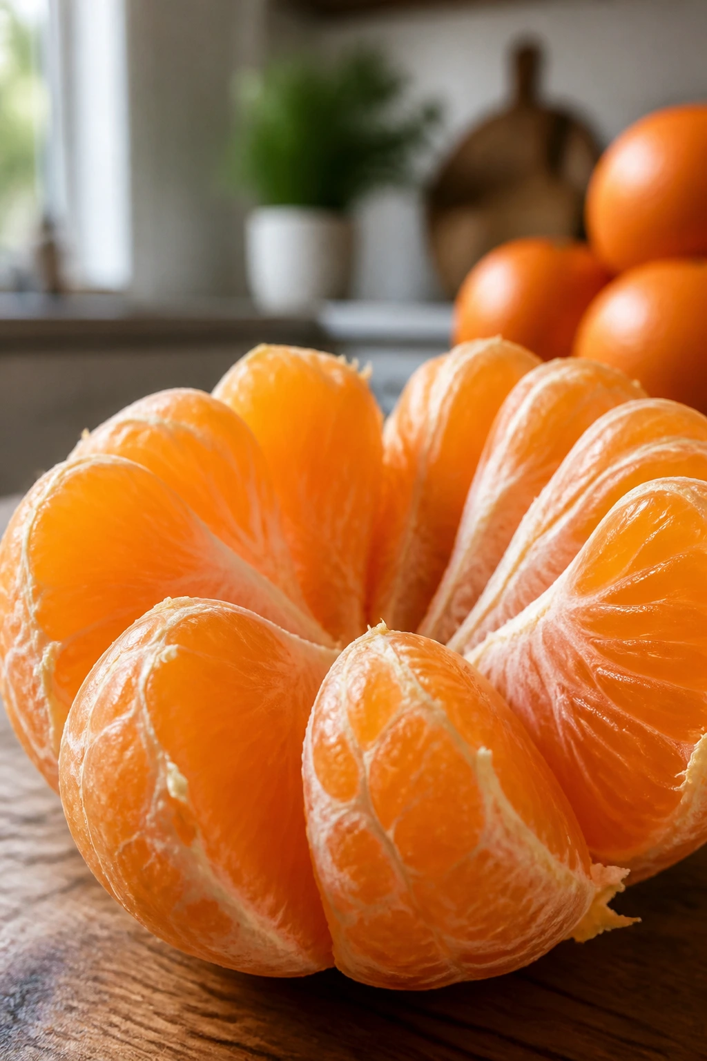 Close-up peeled tangerine segments in natural light