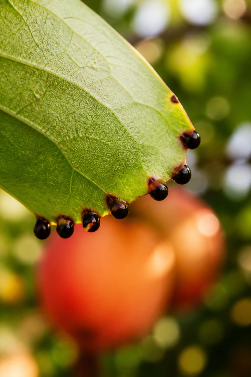 Macro shot of tannin droplets on a leaf edge
