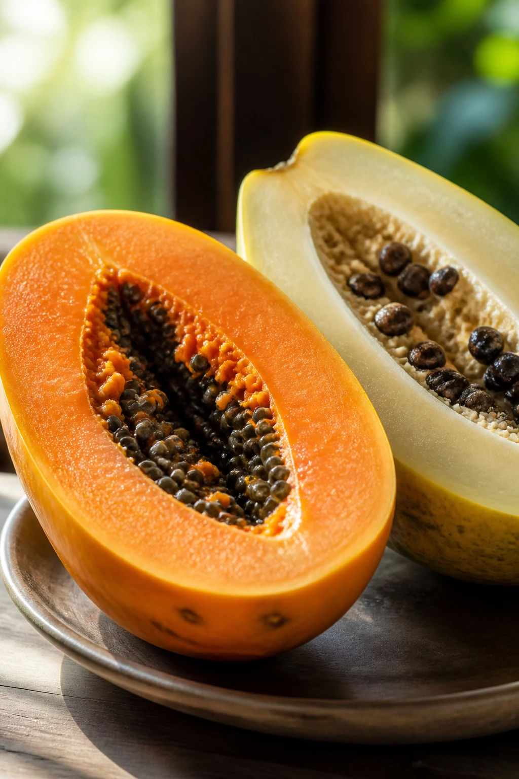 Papaya Vs Pawpaw: A Comprehensive Comparison 7 Two fruit halves showing papaya flesh and pawpaw flesh textures