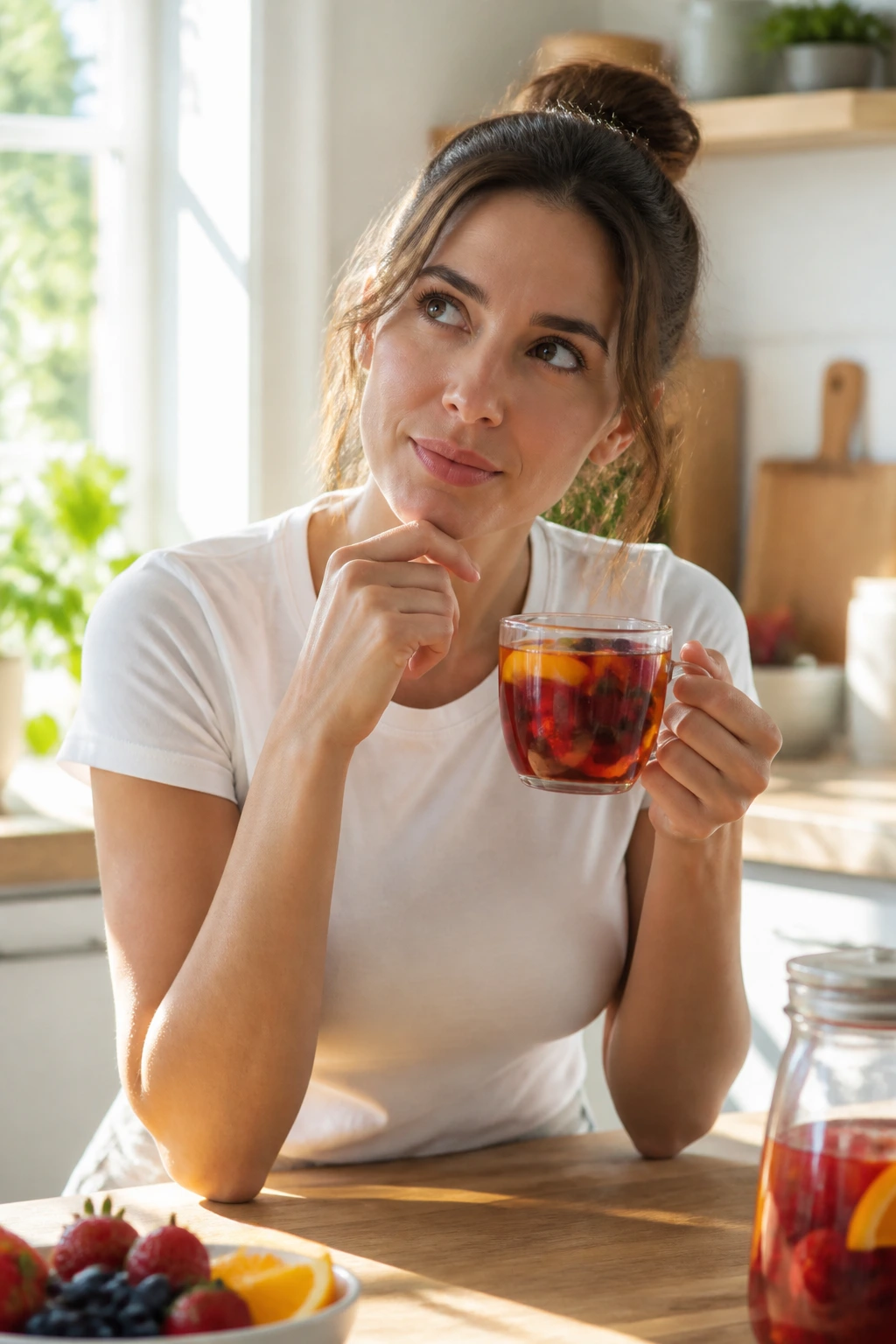 Are Fruit Teas Good For You? Are They Really Healthy? 11 Real person in bright kitchen holding fruit tea cup with thoughtful expression