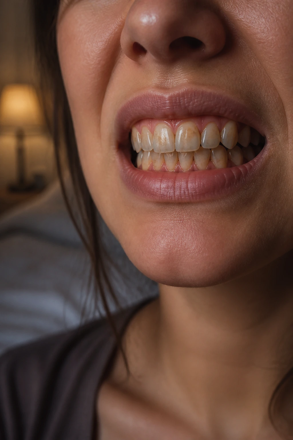 Close-up of a real person's mouth showing teeth and gums