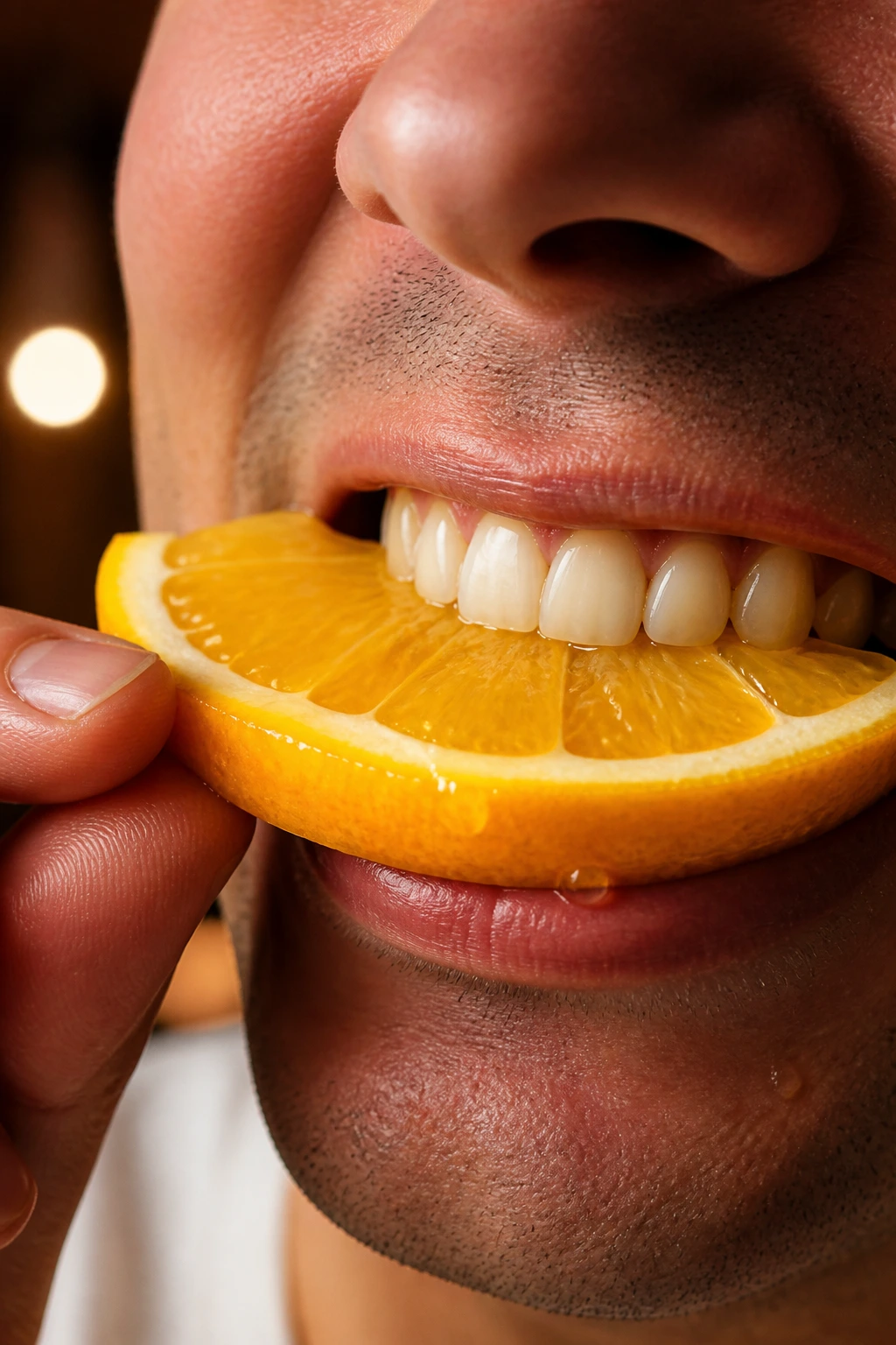 10 Surprising Disadvantages Of Eating Fruits At Night 3 Extreme close-up of a person biting into an orange slice, teeth visible