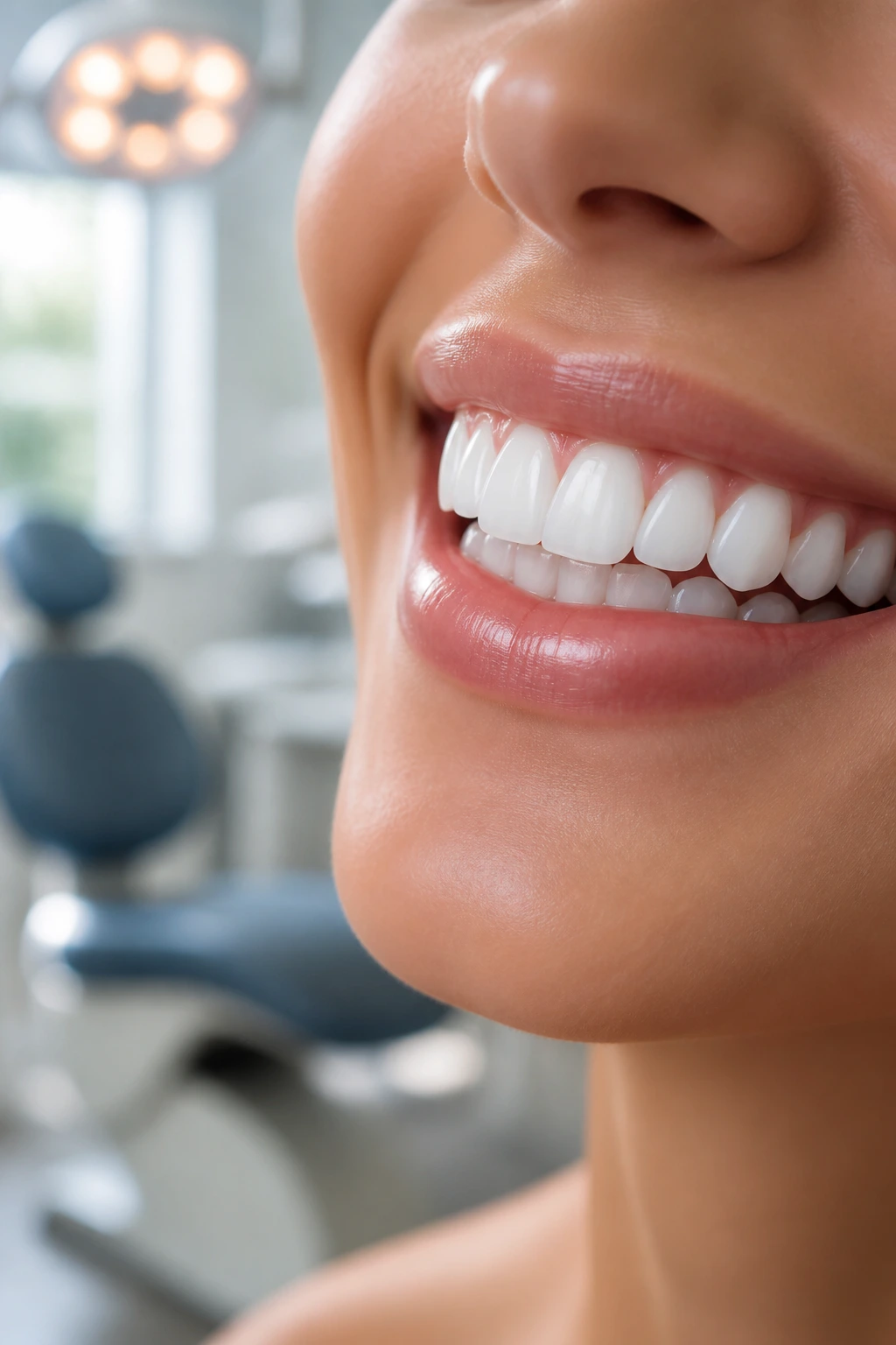 Close-up of a smile with white teeth in a dental clinic