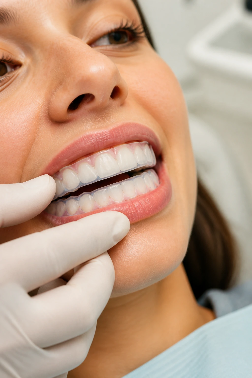 Mouth with whitening trays during dental whitening treatment
