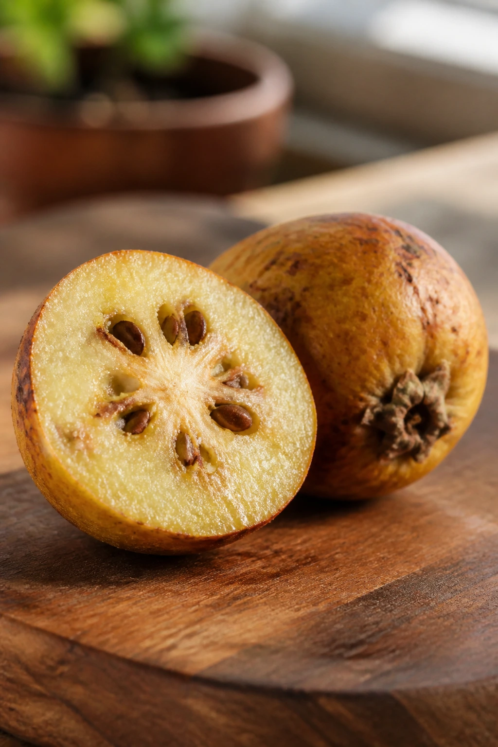10 Benefits of Eating Tejocote Root for Health & Wellness 2 Close-up of a Tejocote root fruit with textured skin and yellow flesh on a wooden board