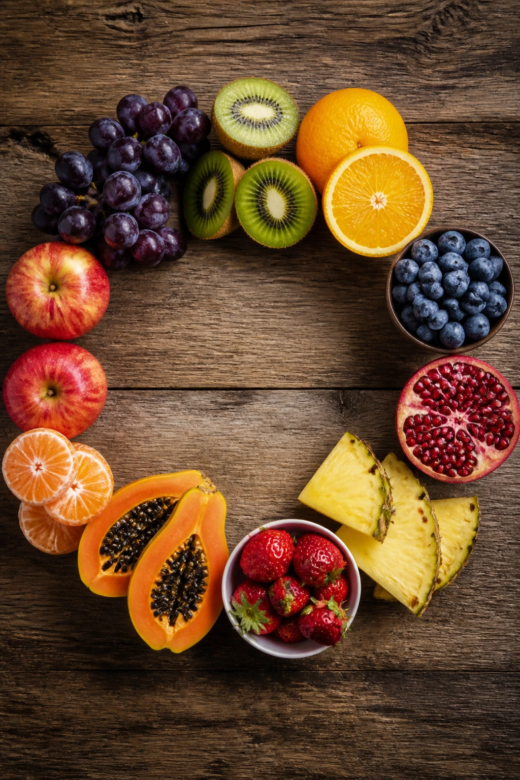 Top-down view of ten fruits arranged in a circle for vein health.