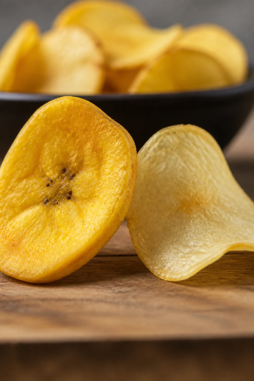 Plantain Chips Vs Potato Chips: Which is Better? 3 Macro shot comparing thick plantain chip and thin potato chip textures.