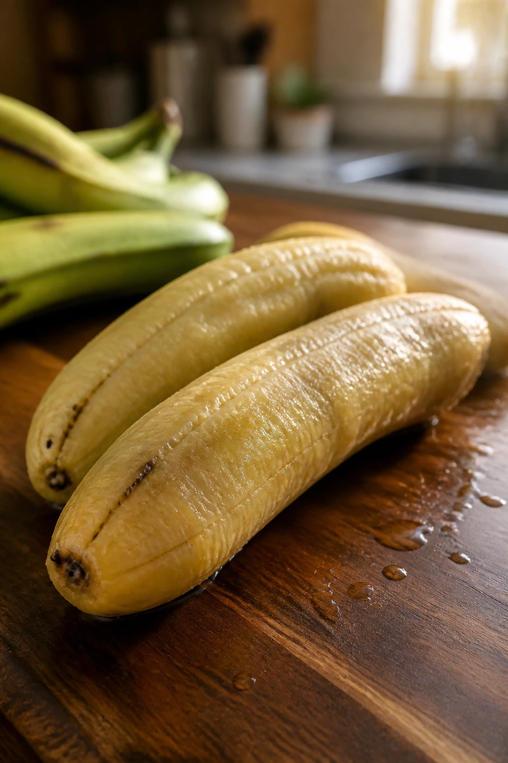 Can You Freeze Plantains? All You Need To Know 4 Thawed plantains on a wooden counter in a warm kitchen.
