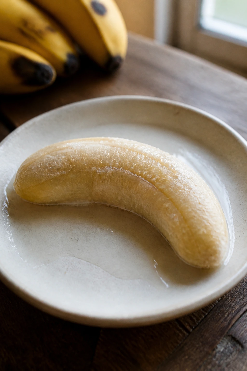 Thawing 101: How To Thaw Frozen Bananas Properly 4 Banana half thawing on plate with juice around in a kitchen