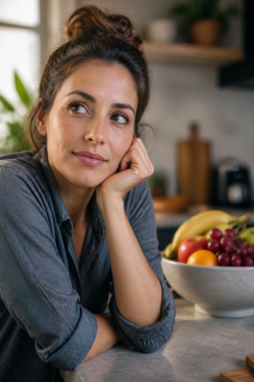 Fruit For Breakfast: Is It Good To Eat Fruit In The Morning? 5 Thoughtful person in kitchen considering healthy fruit breakfast choices.