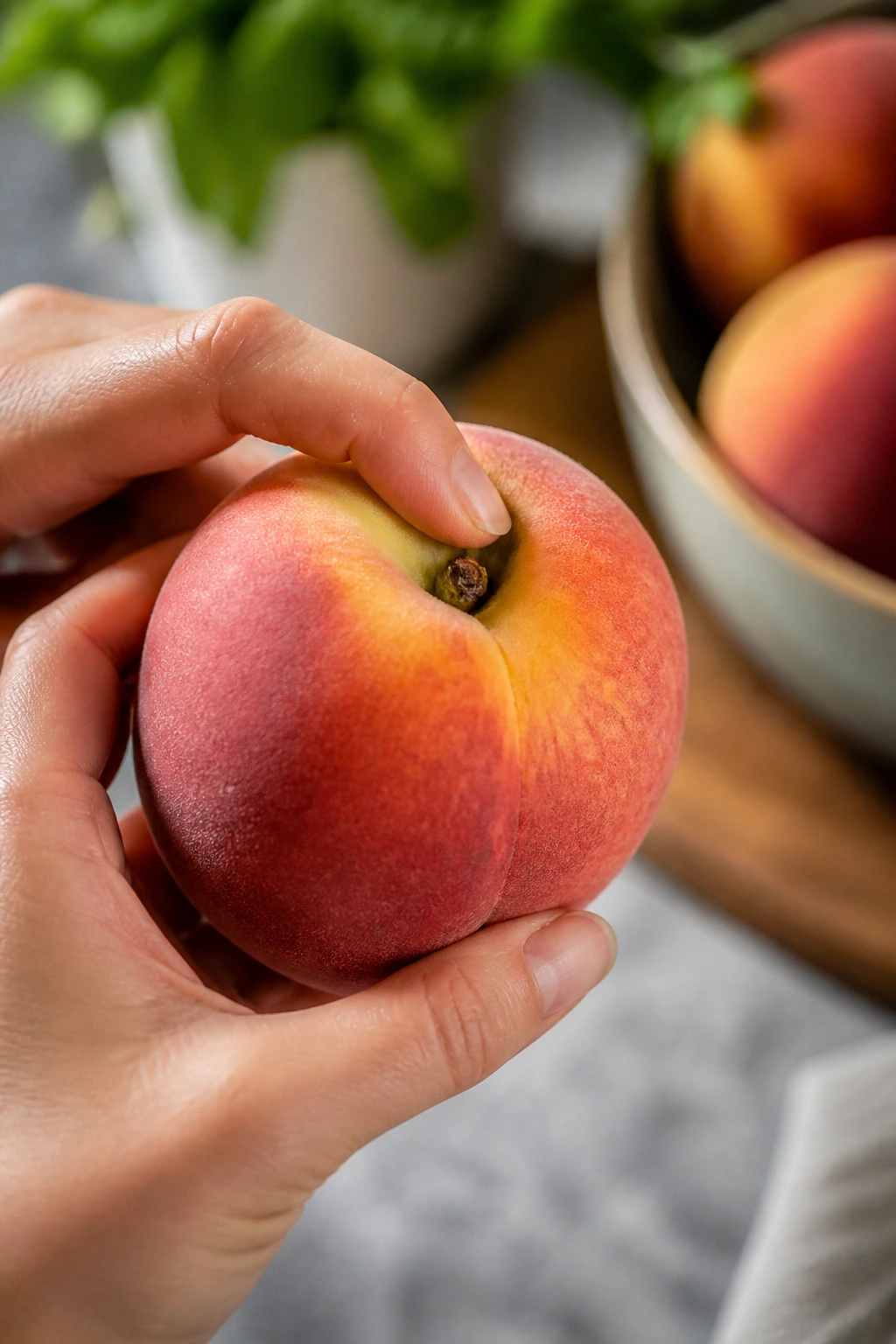 How To Tell If Peaches Are Bad & How Long Do They Last? 10 Thumb test on peach near stem to check freshness