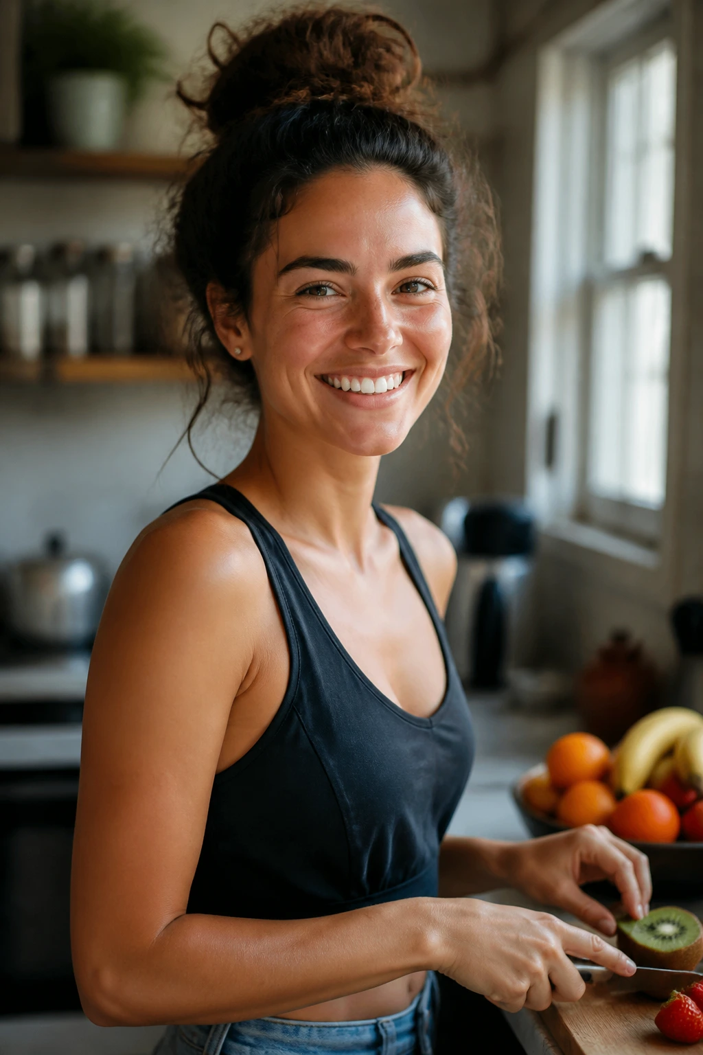 10 Surprising Health Benefits Of Being A Fruitarian 9 Portrait of a person in a kitchen illustrating saving time and money with simple fruit-based meals.