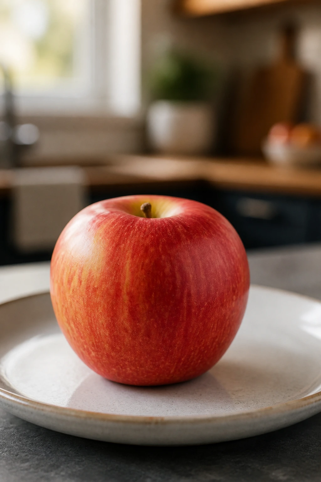 Is Eating Fruits At Night Good For Weight Loss? Find Out Now 5 Single fruit on a plate on a kitchen table with blurred background.