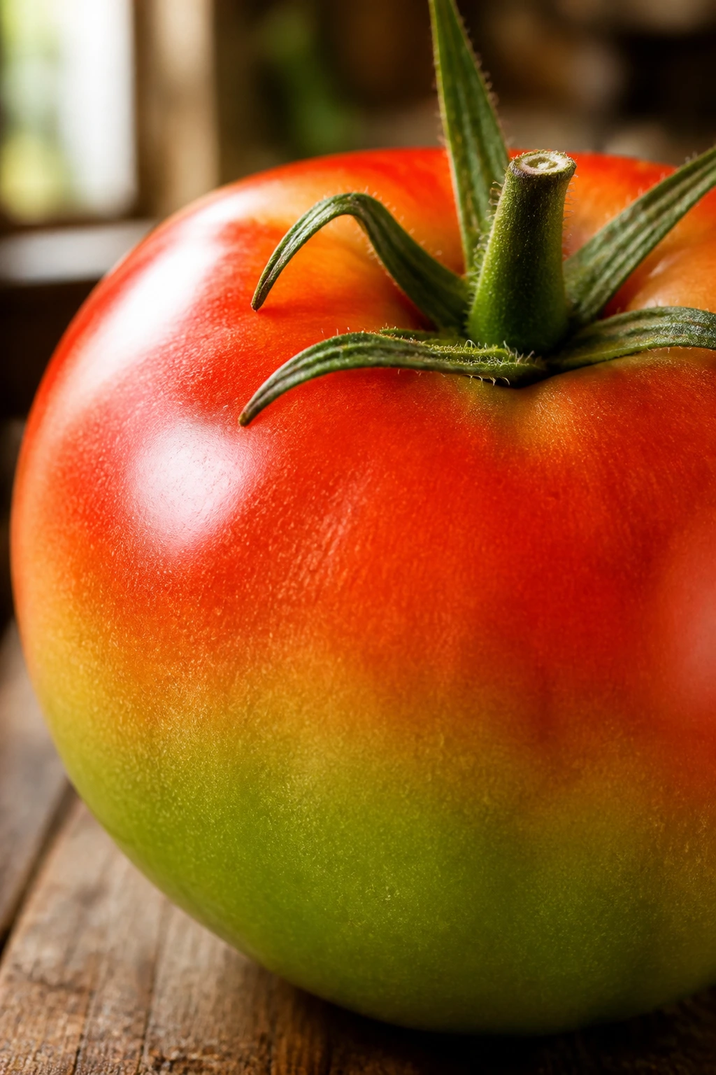 Fruit Color Development: What Determines Every Fruit Color? 1 Close-up of a tomato showing a green-to-red color gradient, illustrating fruit pigments