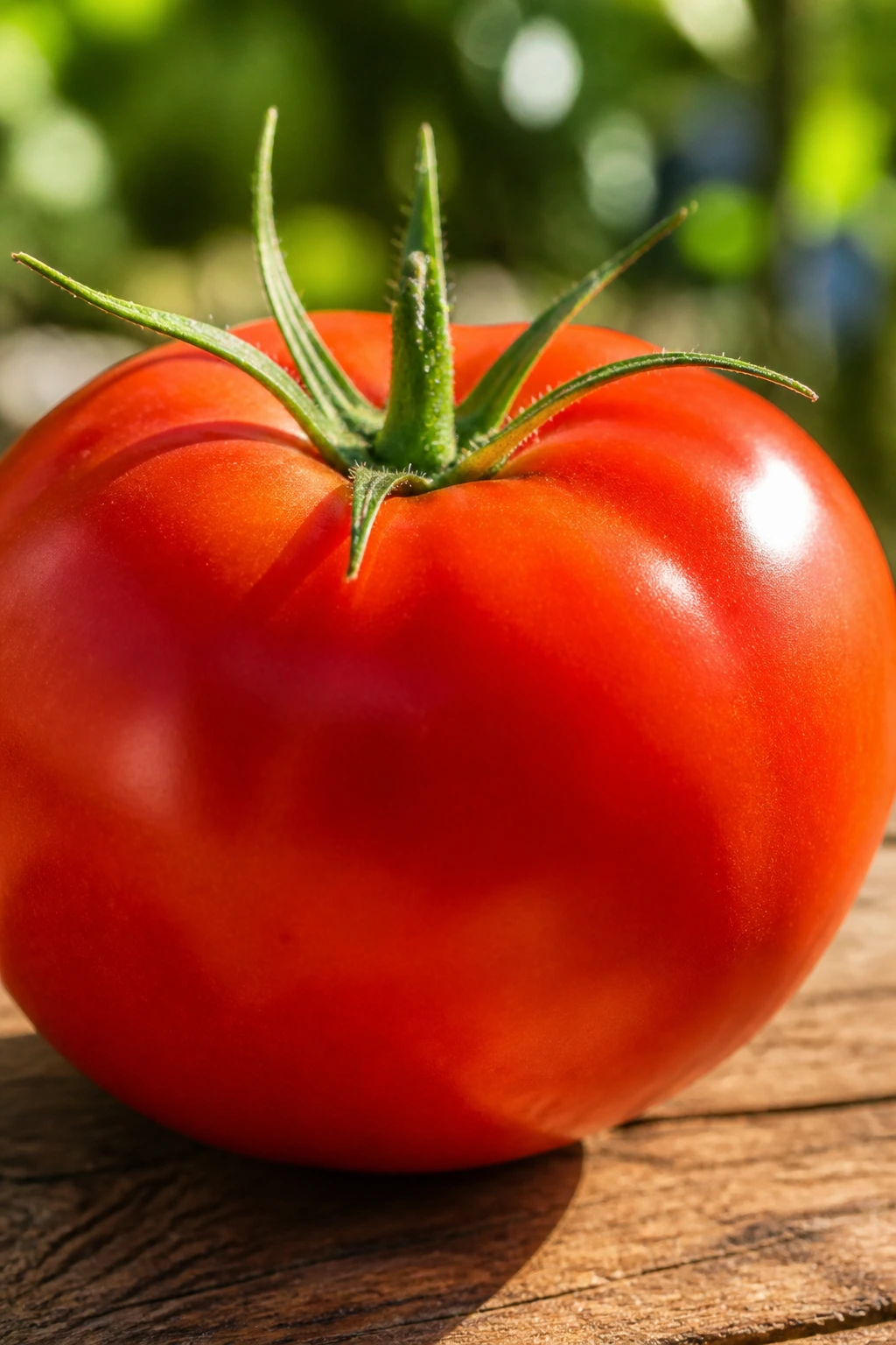 Close-up of a bright red tomato on a wooden garden table in sunny outdoor setting