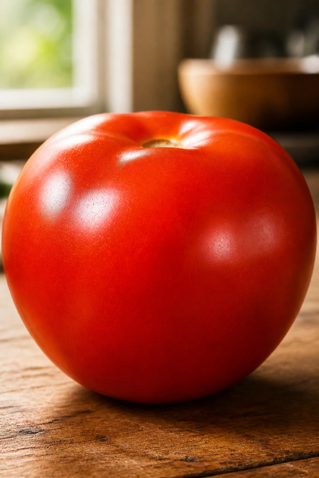 Close-up of a ripe tomato on a wooden kitchen counter in warm daylight