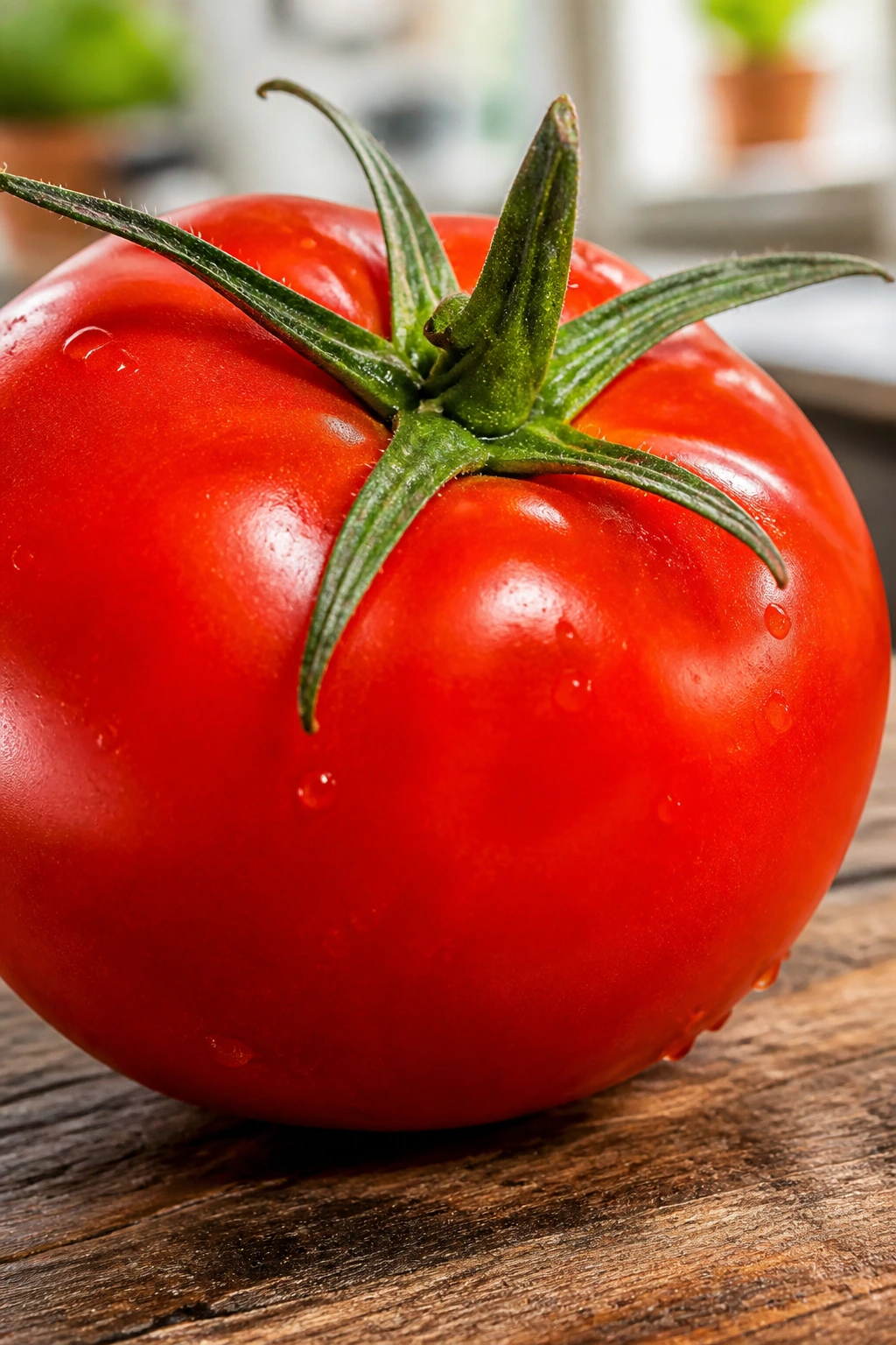 Close-up of a ripe tomato on a wooden counter in bright kitchen light