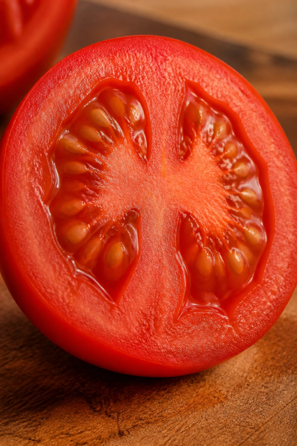 Close-up of a sliced red tomato showing bright flesh and seeds to illustrate lycopene and red fruit components