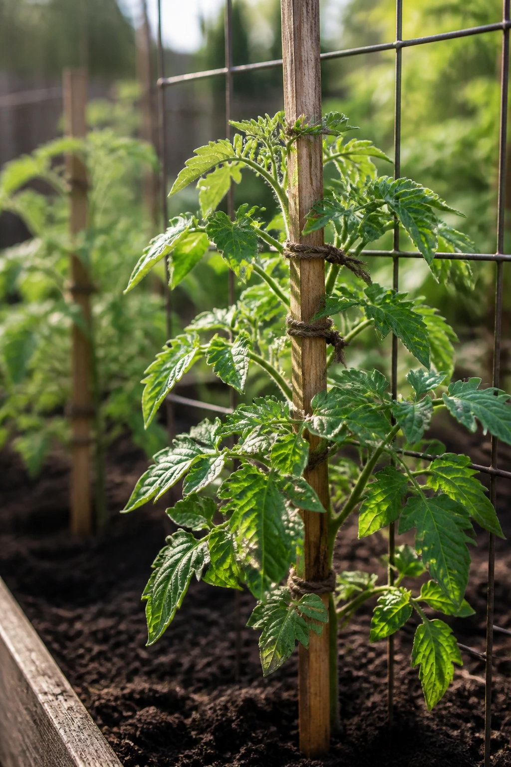 What Does My Tomato Plant Need? 4 Close-up of a tomato plant supported by a stake in a sunny garden