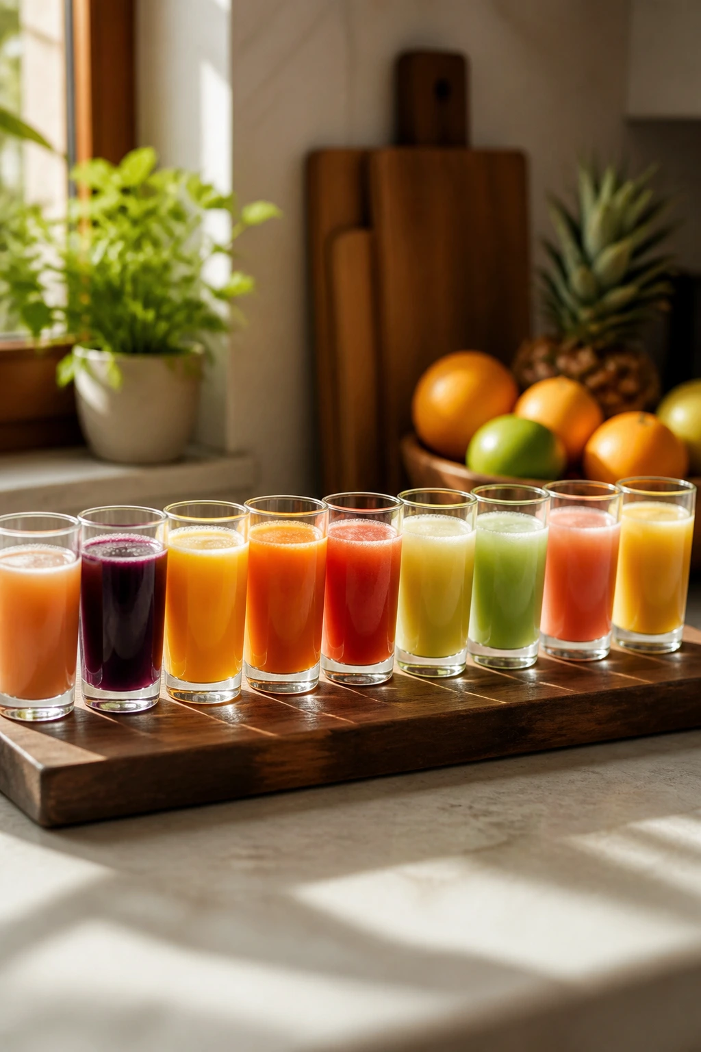 Row of ten small glasses with various fruit juices on a wooden board