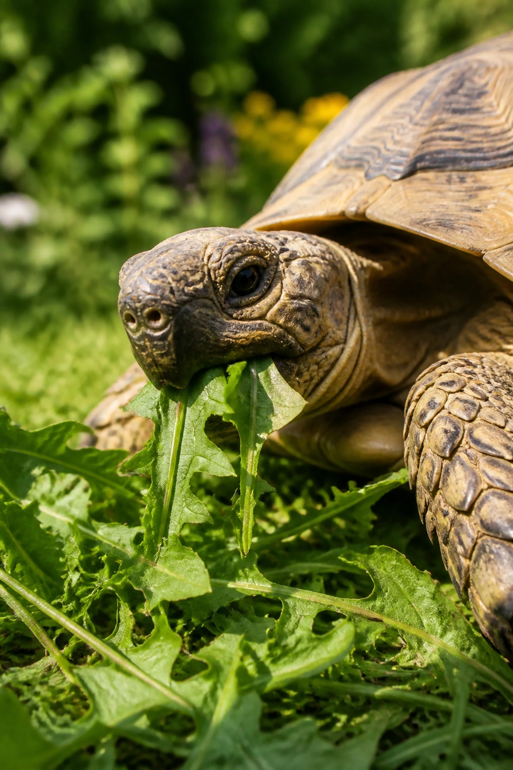 Close-up of a tortoise eating fresh greens in a sunlit garden