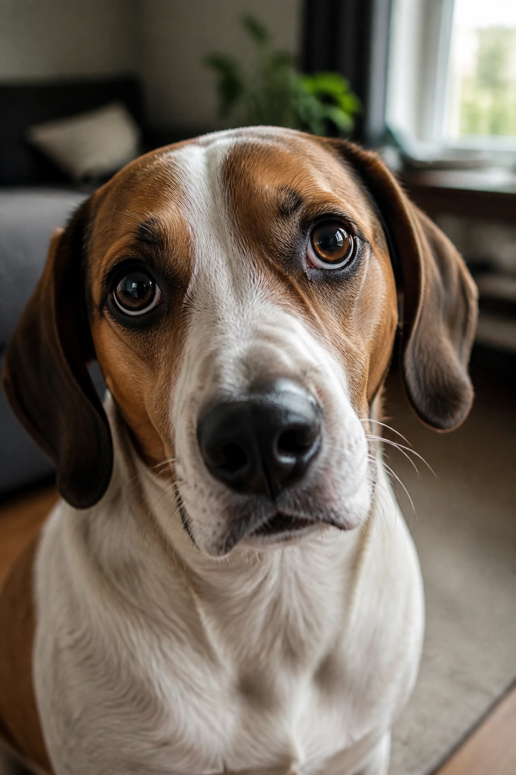 Close-up of a dog looking worried indoors